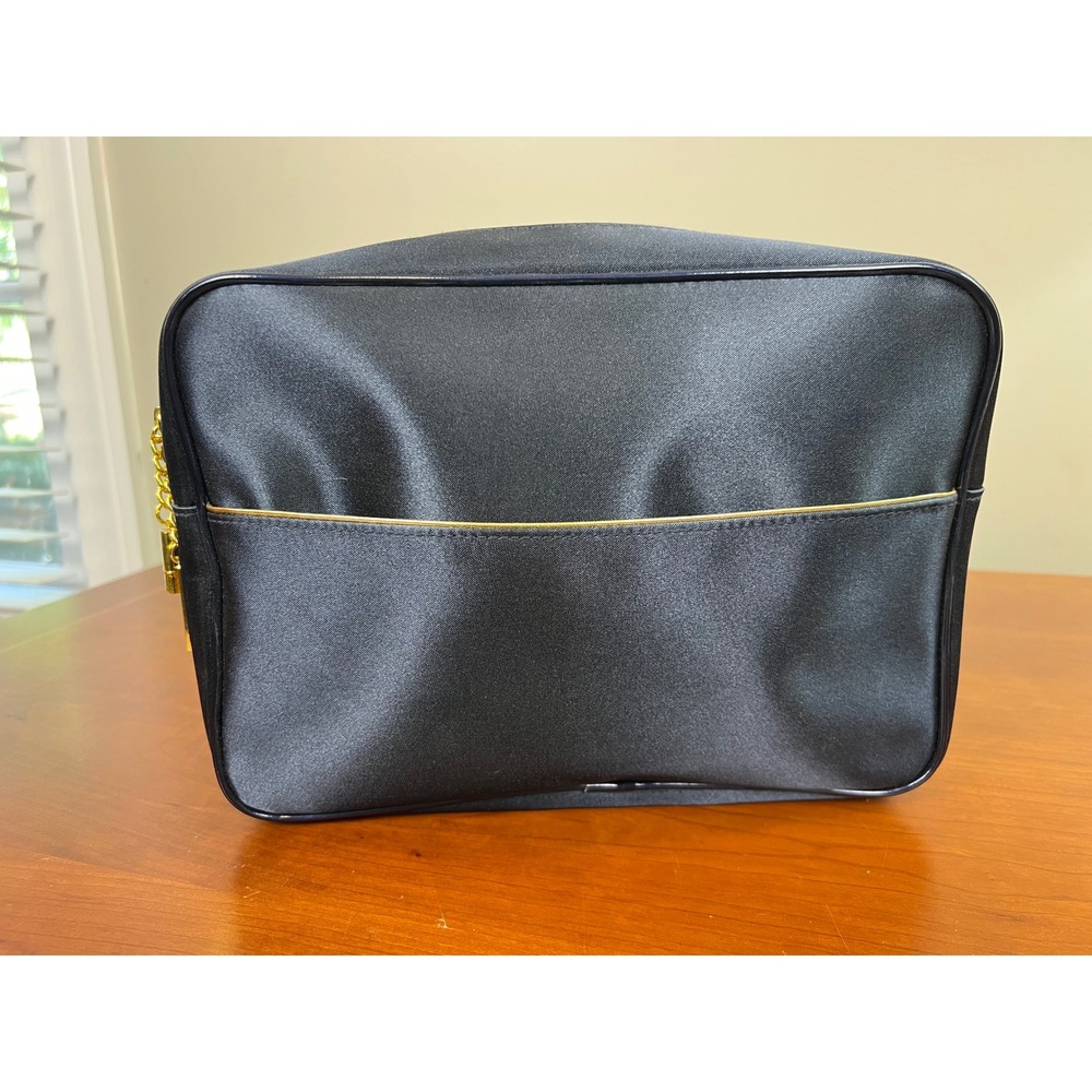 Estee Lauder Navy Blue Satin Makeup Bag Cosmetic Case with Sleep Mask Gold Tone
